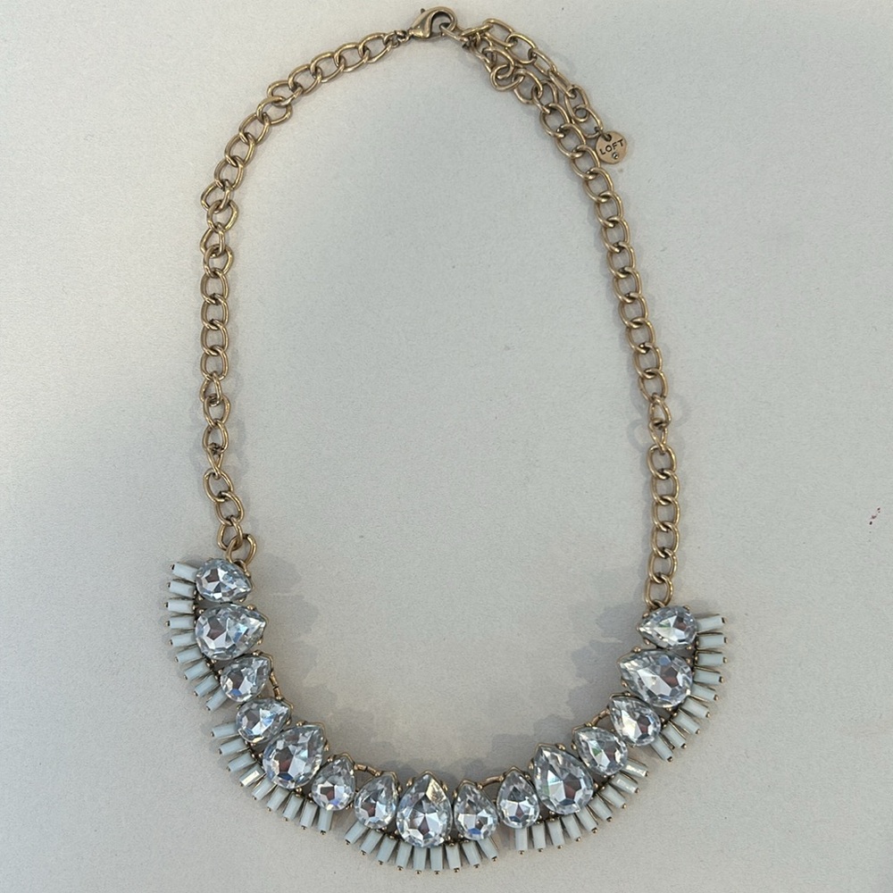 Ann Taylor Loft Rhinestone Gold Tone White Pendant Statement Necklace